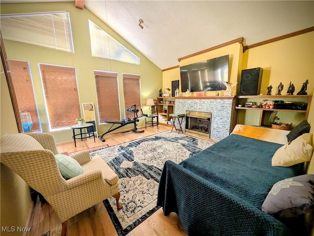 living room with high vaulted ceiling, wood-type flooring, and a fireplace