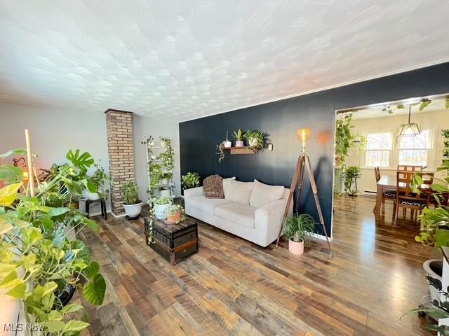 living room with dark hardwood / wood-style floors and ornate columns