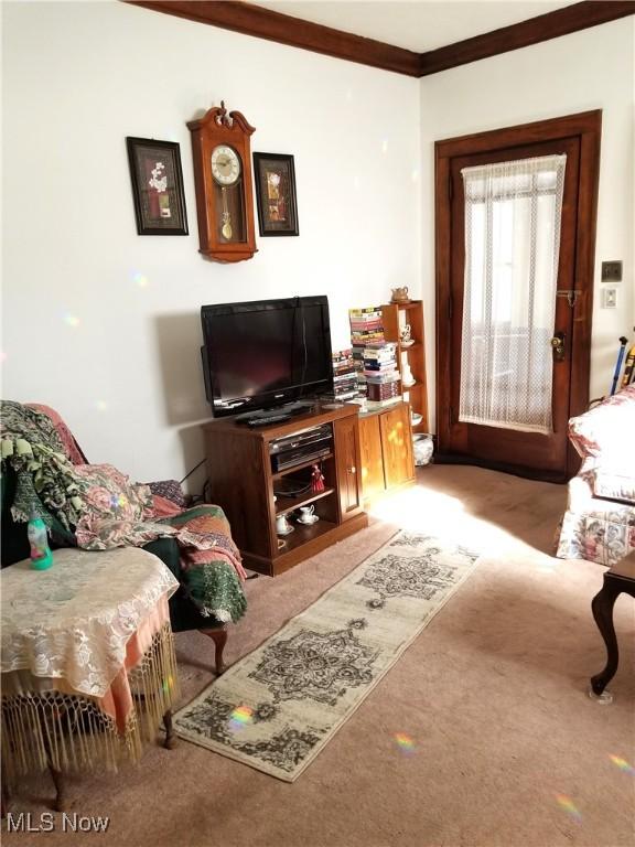 carpeted living room featuring ornamental molding