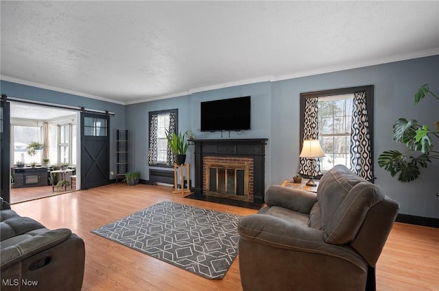 living room featuring hardwood / wood-style floors, ornamental molding, a textured ceiling, and a fireplace