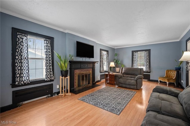 living room featuring a brick fireplace, hardwood / wood-style floors, a textured ceiling, ornamental molding, and radiator heating unit