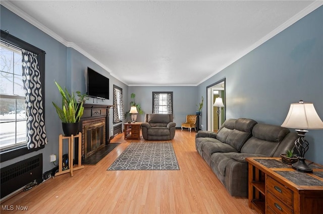 living room with radiator, crown molding, and hardwood / wood-style flooring