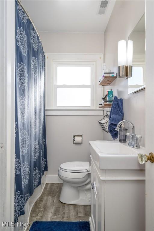 bathroom featuring a wealth of natural light, toilet, and vanity