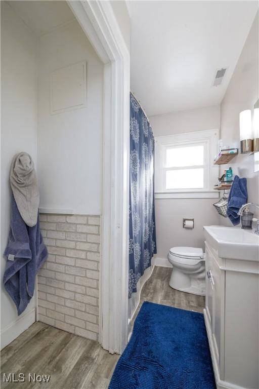 bathroom with wood-type flooring, toilet, and vanity