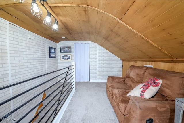 additional living space featuring wood ceiling, wood walls, carpet floors, brick wall, and vaulted ceiling