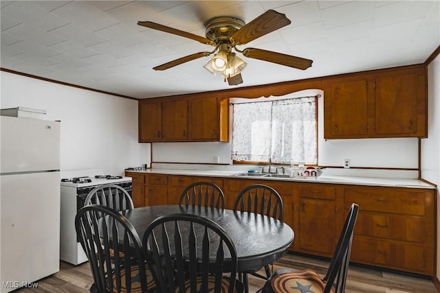 kitchen with ornamental molding, sink, hardwood / wood-style flooring, and white appliances