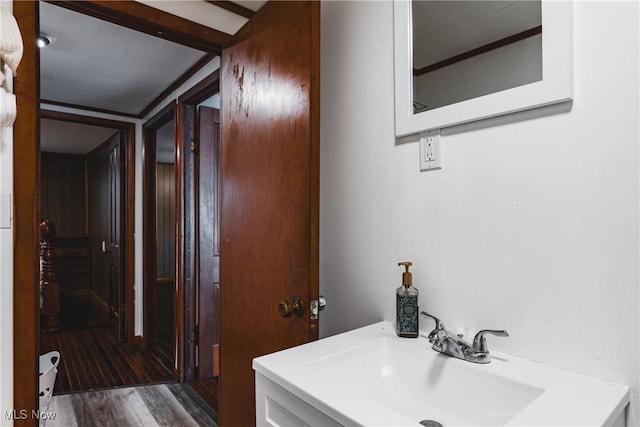 bathroom featuring hardwood / wood-style floors and vanity