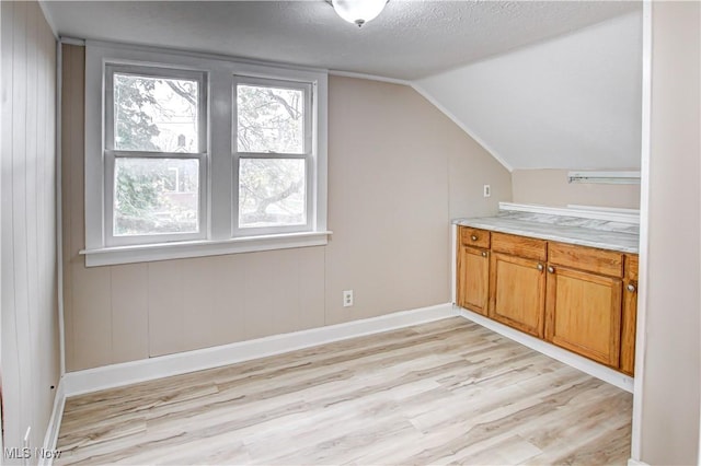 additional living space featuring a textured ceiling, light hardwood / wood-style flooring, and vaulted ceiling