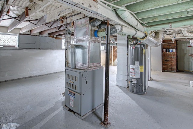 basement with heating unit and gas water heater