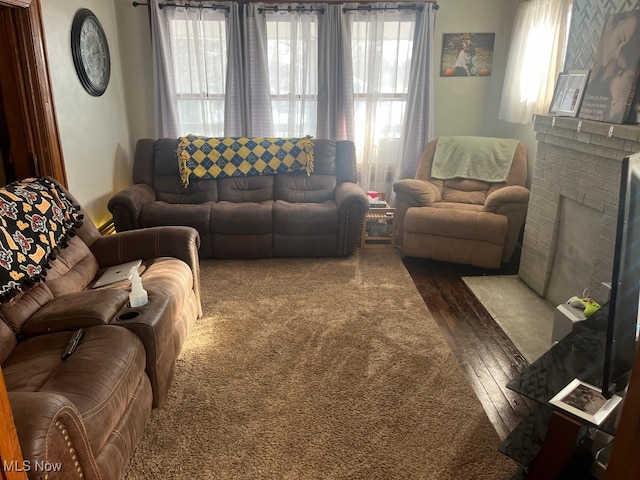 living room with dark wood-type flooring and plenty of natural light