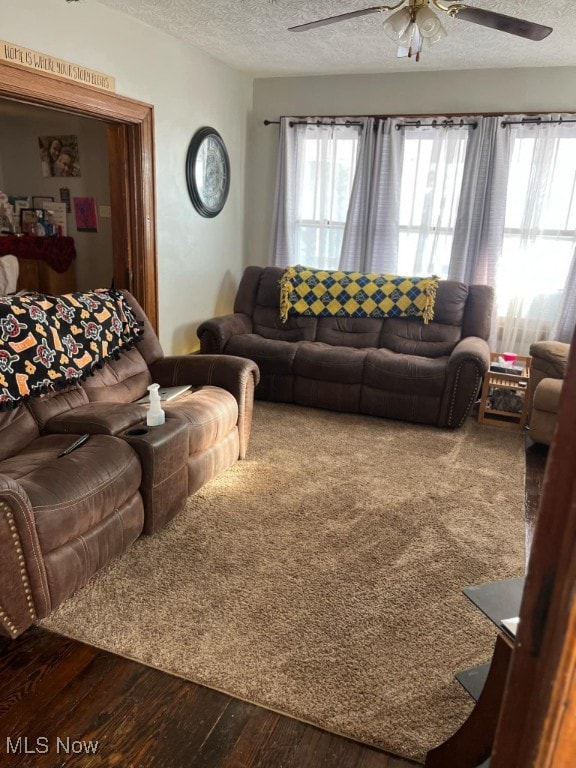 living room featuring a textured ceiling, ceiling fan, and wood-type flooring