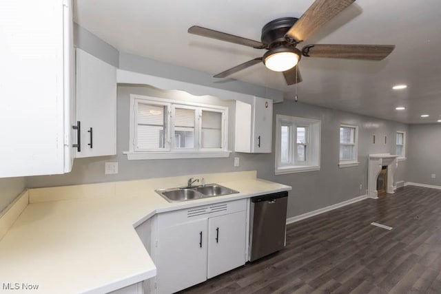 kitchen with sink, stainless steel dishwasher, white cabinets, and dark hardwood / wood-style floors