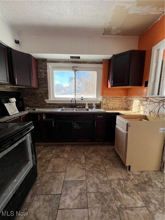 kitchen with sink, electric range, dark brown cabinets, and a textured ceiling