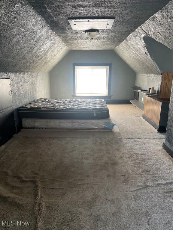 interior space featuring vaulted ceiling and carpet flooring