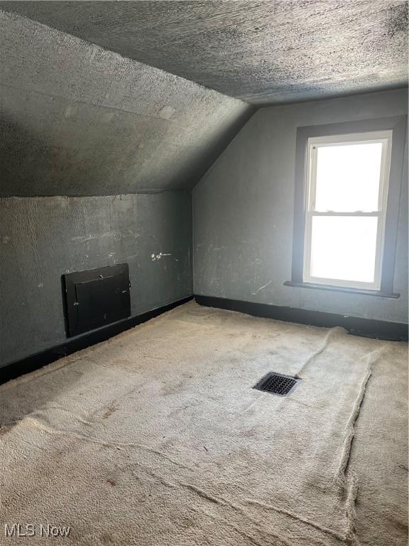 bonus room with carpet floors, a textured ceiling, and vaulted ceiling