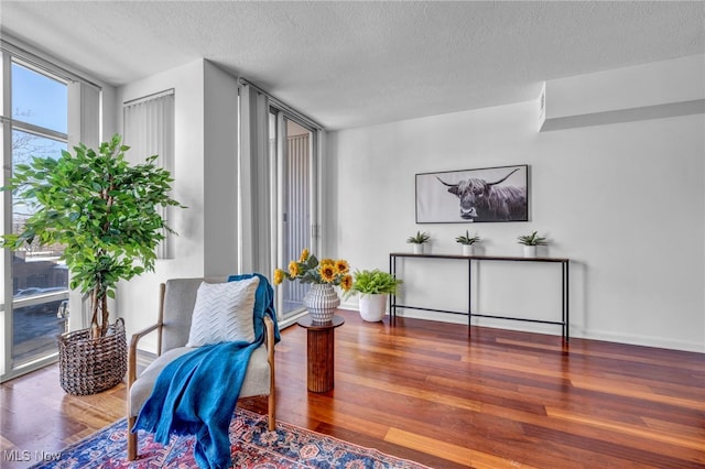 living area featuring a textured ceiling and hardwood / wood-style flooring