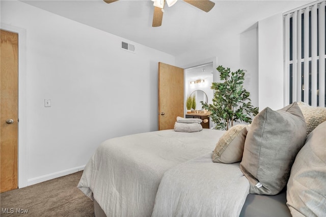 bedroom featuring ceiling fan and carpet floors