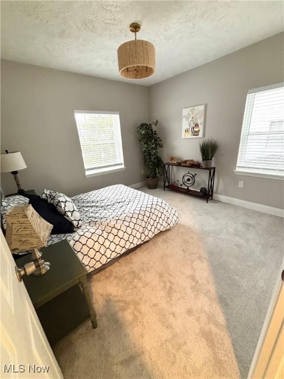 bedroom featuring carpet floors and a textured ceiling