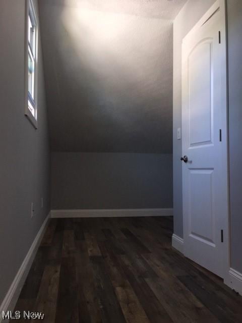 additional living space with dark hardwood / wood-style floors and vaulted ceiling