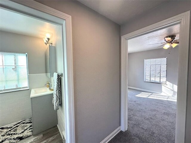 bathroom featuring a textured ceiling, ceiling fan, and sink