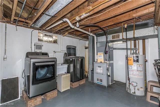 interior space featuring heating unit, washer / dryer, and water heater