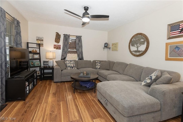 living room with hardwood / wood-style flooring and ceiling fan