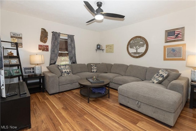 living room featuring ceiling fan and hardwood / wood-style flooring