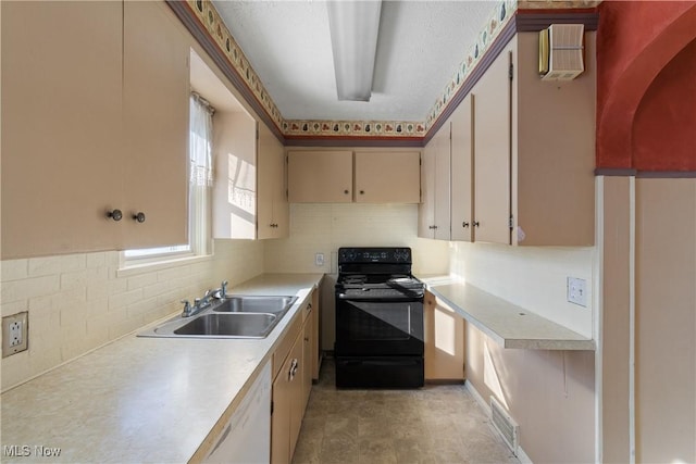 kitchen featuring decorative backsplash, black electric range, dishwasher, cream cabinets, and sink