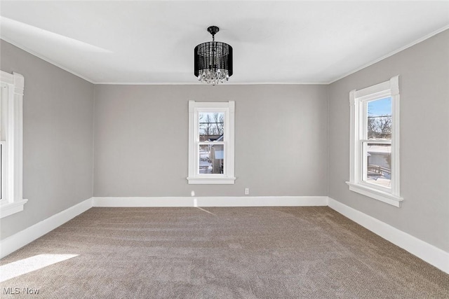 carpeted spare room with crown molding, a notable chandelier, and a healthy amount of sunlight