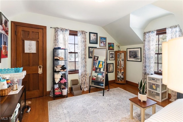 interior space with plenty of natural light, lofted ceiling, and hardwood / wood-style flooring