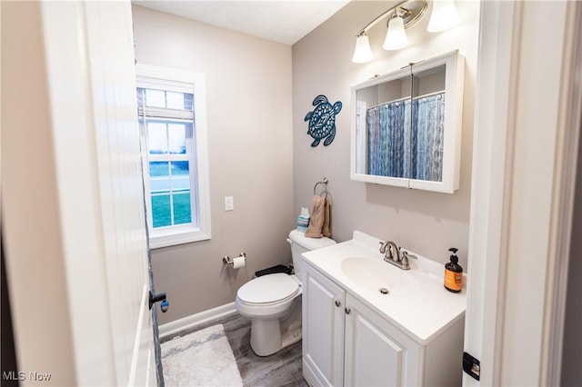 bathroom featuring toilet, vanity, and wood-type flooring