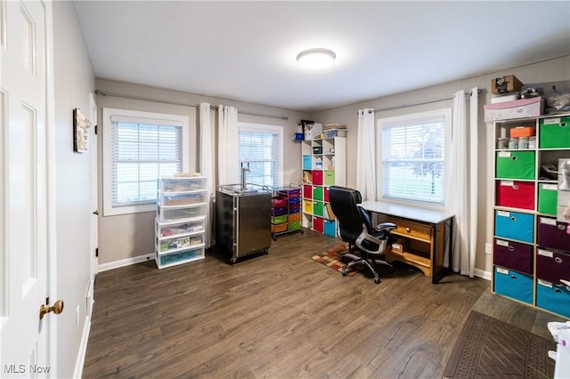 home office featuring dark hardwood / wood-style flooring and a healthy amount of sunlight