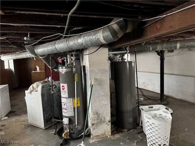 utility room with water heater and washing machine and dryer