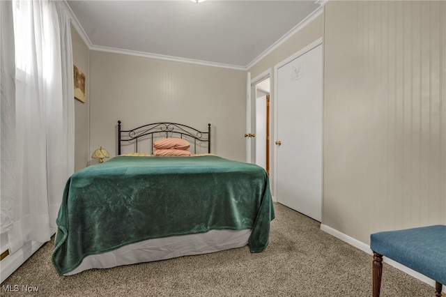 carpeted bedroom featuring ornamental molding