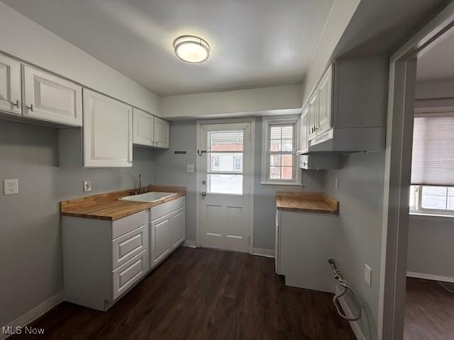 kitchen featuring white cabinetry, dark hardwood / wood-style flooring, wooden counters, and sink