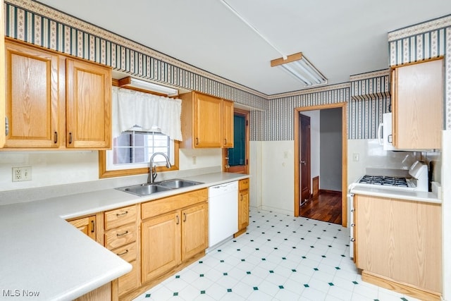 kitchen with light brown cabinetry, sink, and white appliances