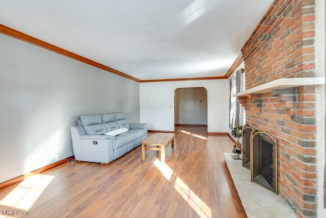 living room featuring a fireplace, crown molding, and light hardwood / wood-style flooring