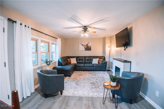 living room featuring ceiling fan and light hardwood / wood-style flooring