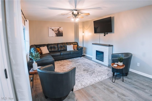 living room with ceiling fan and hardwood / wood-style floors