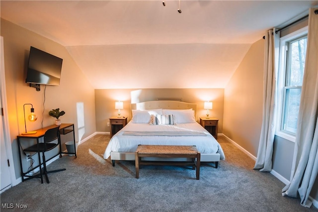 carpeted bedroom with vaulted ceiling