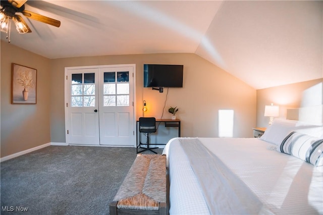 carpeted bedroom with access to outside, ceiling fan, french doors, and lofted ceiling