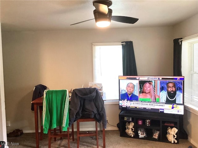 interior space with ceiling fan and multiple windows