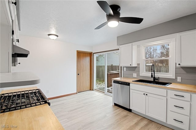 kitchen with sink, white cabinets, dishwasher, and butcher block counters