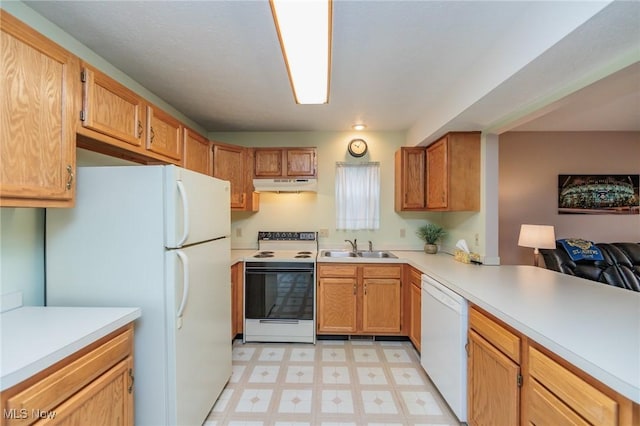 kitchen with sink, white appliances, and kitchen peninsula