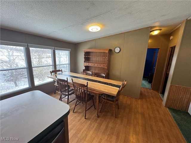 dining room with wood-type flooring, a textured ceiling, and vaulted ceiling