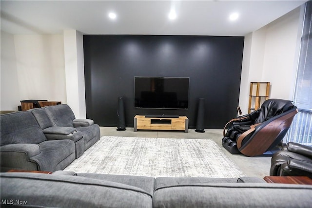 living room featuring light carpet