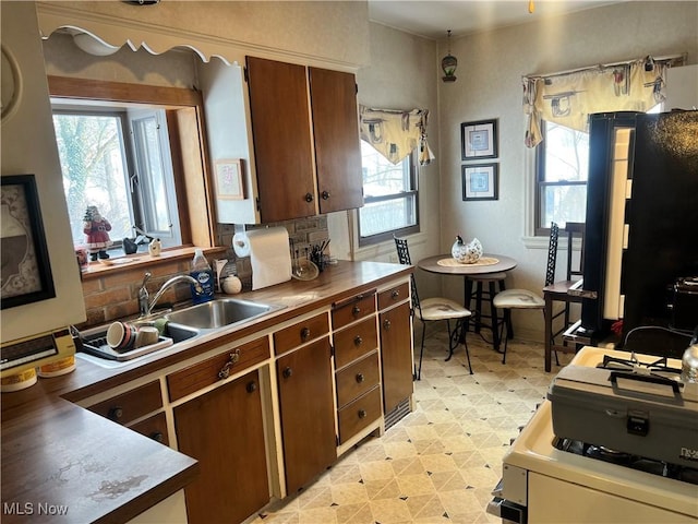 kitchen with a healthy amount of sunlight, black refrigerator, and sink