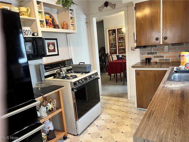 kitchen with sink, light colored carpet, and black appliances