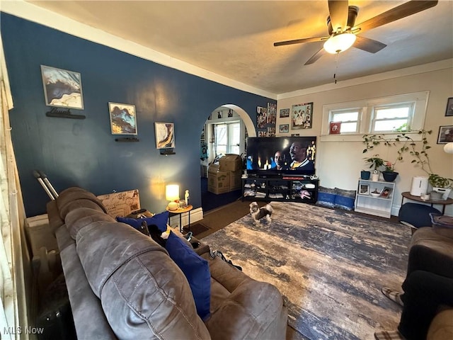 living room featuring ceiling fan, plenty of natural light, and ornamental molding