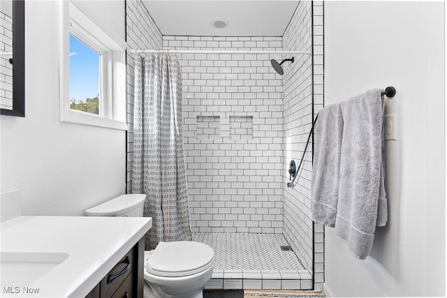 bathroom featuring toilet, vanity, and curtained shower